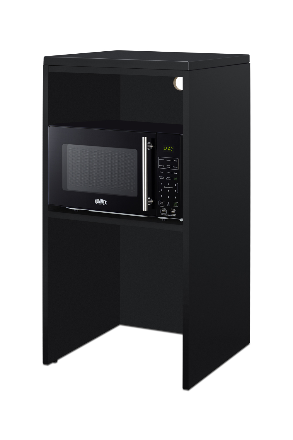 Fully assembled casework hutch in a black finish designed to accept compact microwaves